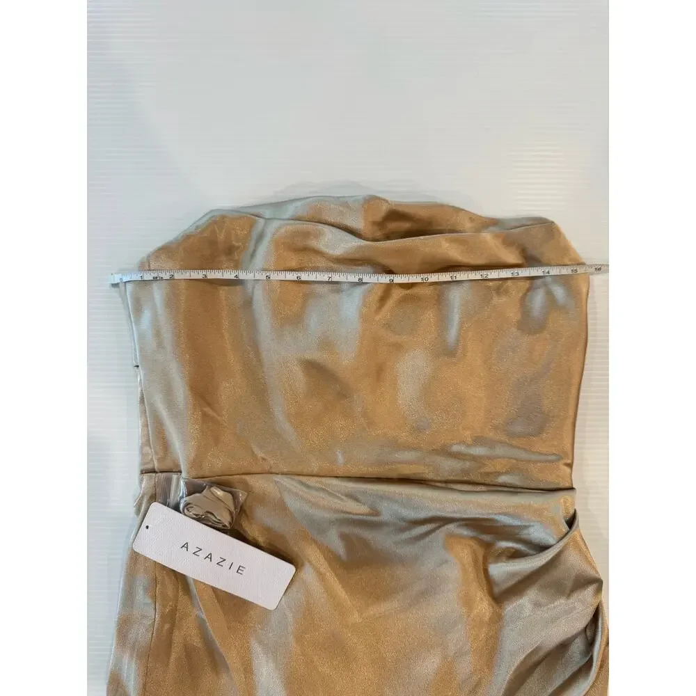Azazie Leonis Champagne Gold Metallic Satin Mermaid Gown NWT A8 Formal Evening - Picture 16 of 16